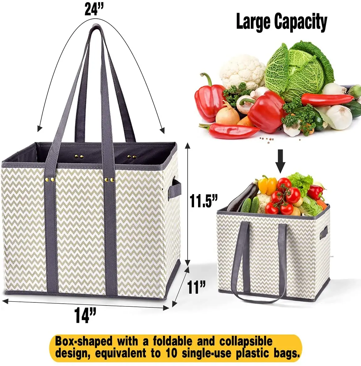 Heavy duty non-woven Box Bags Large Premium Reinforced Bottom reusable grocery collapsible tote bag with Extra Long Handles