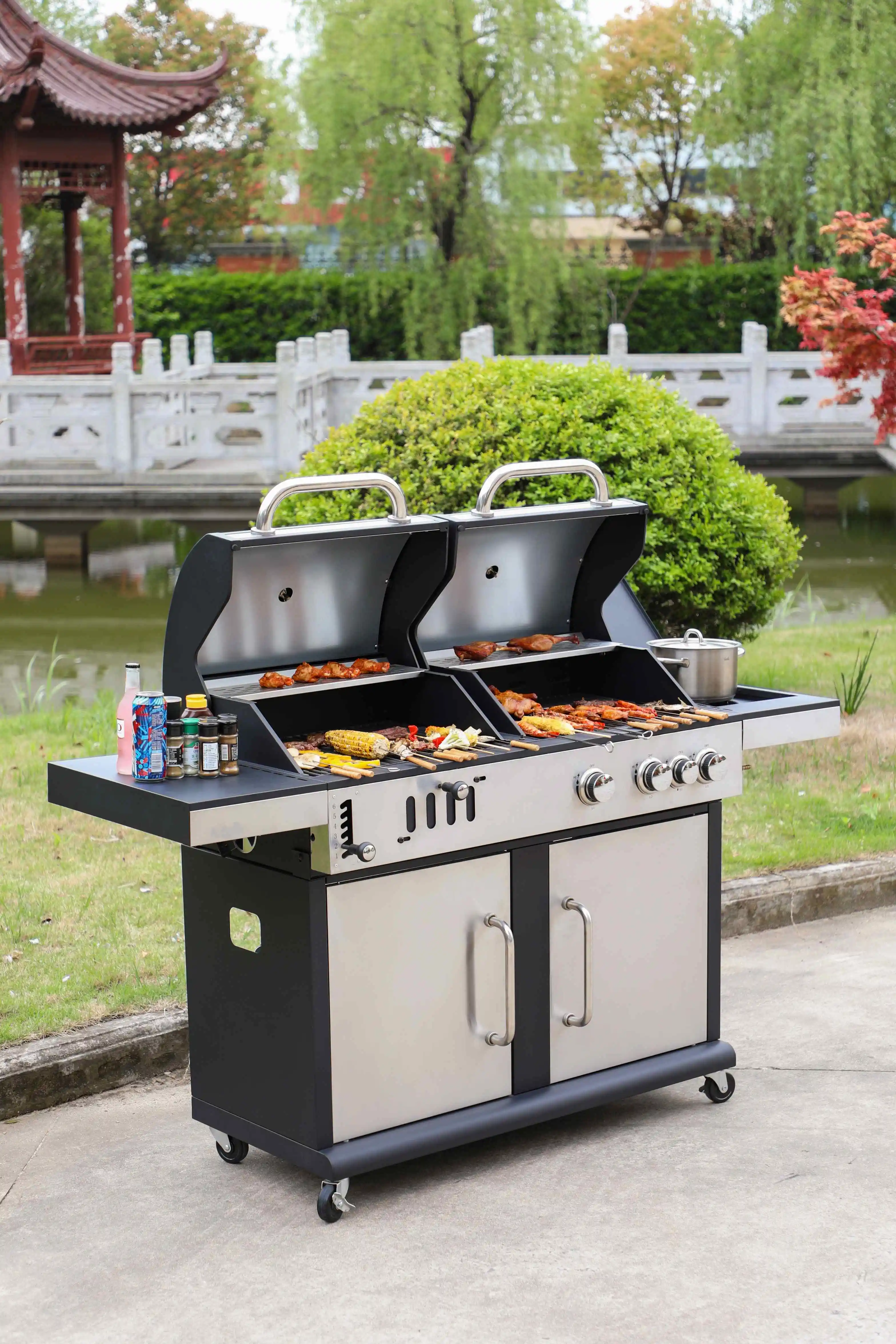 Garden Backyard Portable 3 burner gas charcoal bbq grill + side burner with wheels