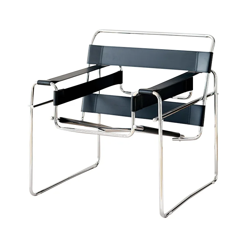 Italian Medieval Vintage Designer Studio Bauhaus Baxton Vasili Wasily Accent Steel Saddle Leather Living Room Lounge Chair