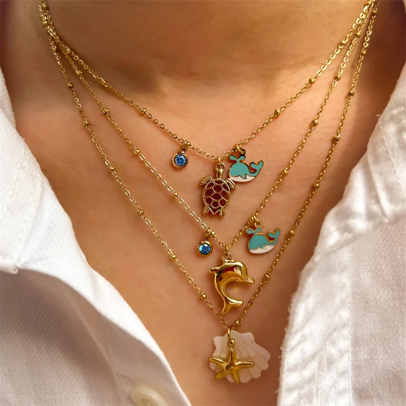 Уникальные украшения в стиле океана 14K позолоченное ожерелье из нержавеющей стали морская жизнь Кит черепаха Дельфин