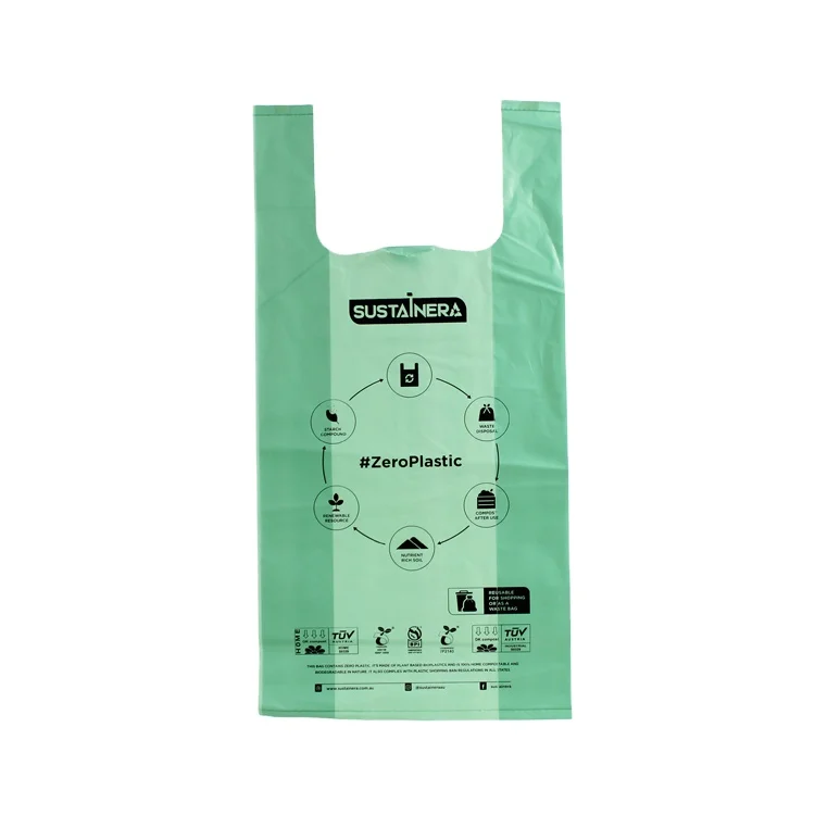 100% nature plant t-shirt vest bag bolsas biodegradable corn starch shopping carry bag(AD307)