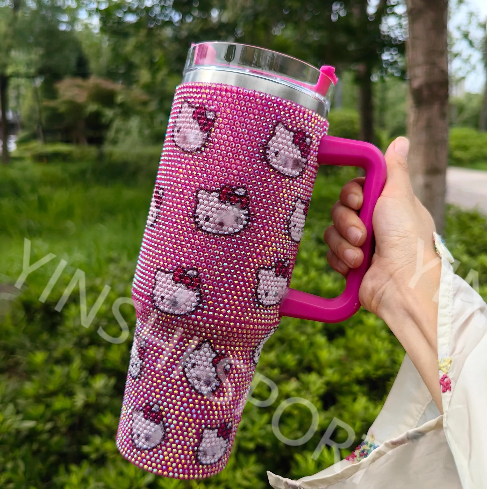 2024 newest kit cat wonderful pink Rhinestone Bling Studded Beer Mug Water Bottle Full Bling Tumbler Rhinestone 40oz Tumbler