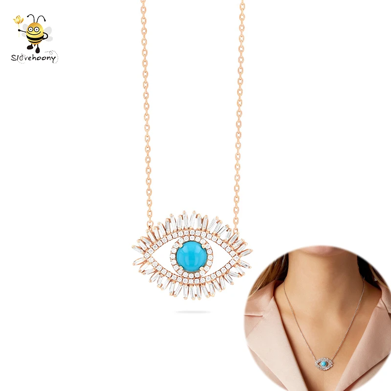 Wholesales Turkish 925 Sterling Silver Kolye Jewelry Zircon Evil Turquoise Eye Ball Pendant Necklace With Long Chain Chain