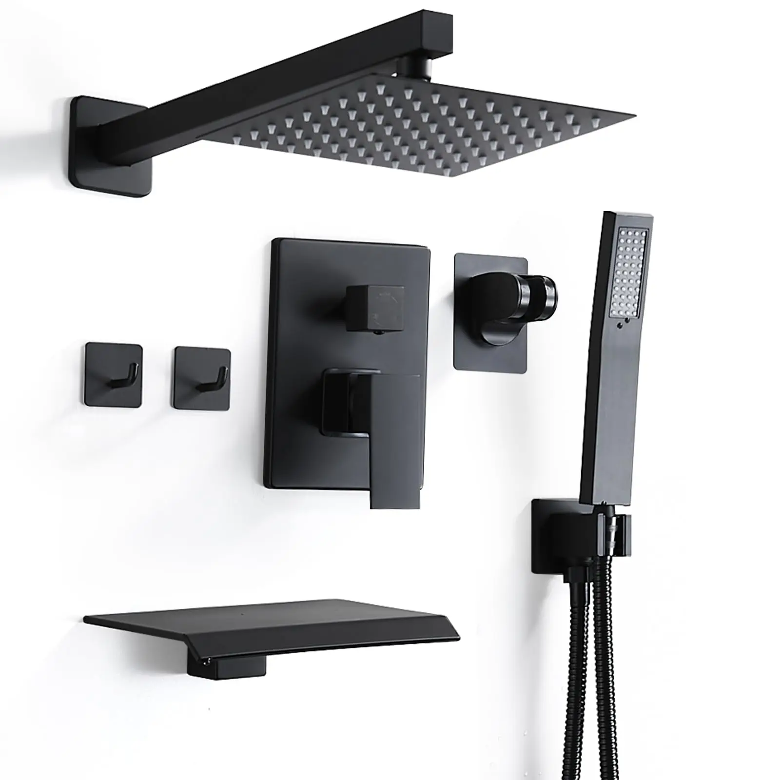 Brushed Nickel Wall Mounted Rainfall Shower Faucet Hand Shower Set with Pressure Balance Valve and Tub Spout