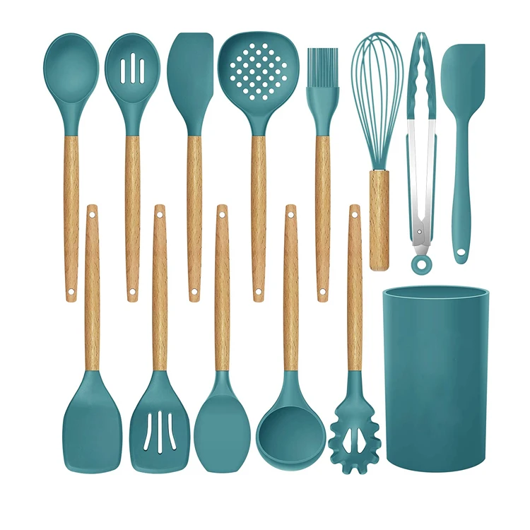 Kitchen Utensils Set with holdster 14pcs Natural Wooden Handles Cooking Tools Turner Tongs Spatula Spoon for Nonstick Cookware