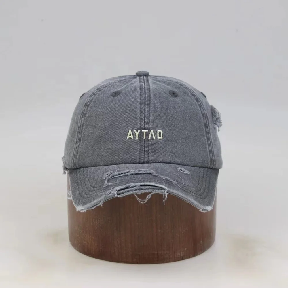 Custom color popular fashion retro washed distressed denim baseball cap vintage look ripped baseball cap