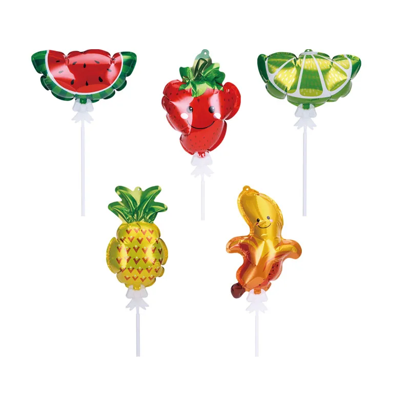 
factory wholesale 7 inch mini fruit shape self inflating nylon foil balloon with stick for kids toy or decoration 