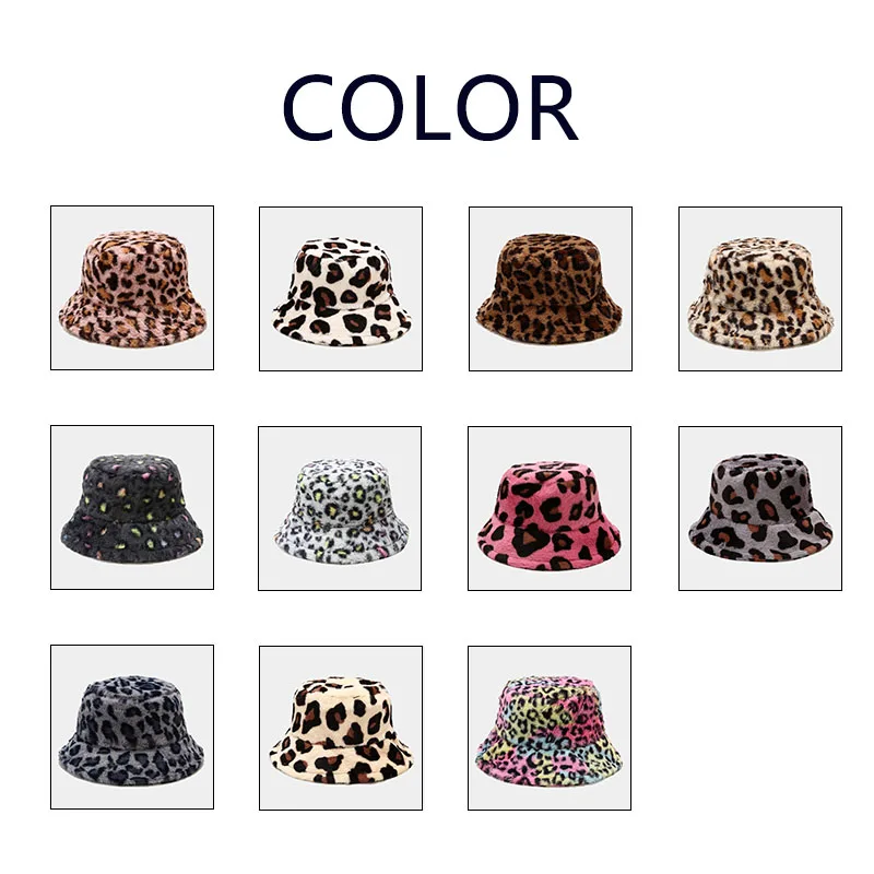Wholesale Fashion Women Colorful Leopard Printed Pattern Design Winter Thick Furry Plush Fisherman Bucket Hat Caps