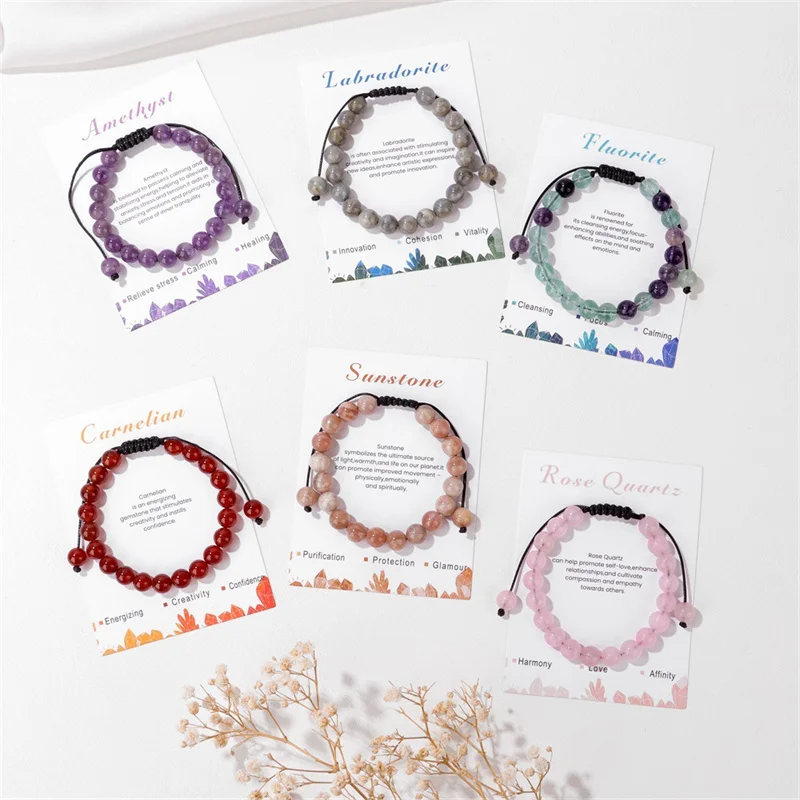 IRLIN 8mm Natural Stone Card Healing Power Gemstone Crystal Beads Handmade Woven Adjustable Friendship Stone Bracelet Jewelry