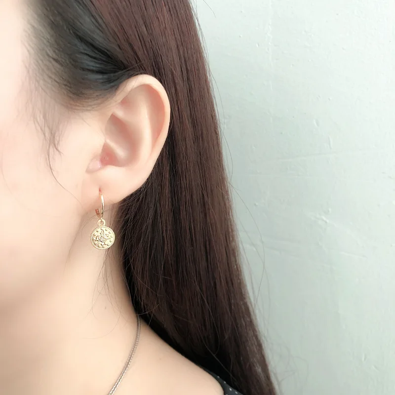 Fashion Korean Earrings Women 925 Sterling Silver Coin Shape Flower Star Hoop Earrings 18K Gold Plated Drop Earrings