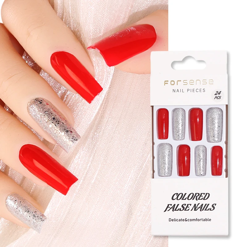 high quality designer red square fake nails extra long luxury press on nails glitter custom logo artifical false nails wholesale