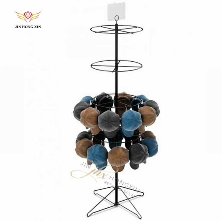 Supermarket Retail Shop Household Metal Wire Wheeled Multi Tiers Ring Shape Hook Hanging Helmet Baseball Cap Hat Display Rack