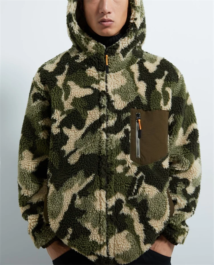 Custom men  fuzzy shearling berber fleece camo sherpa hoodie