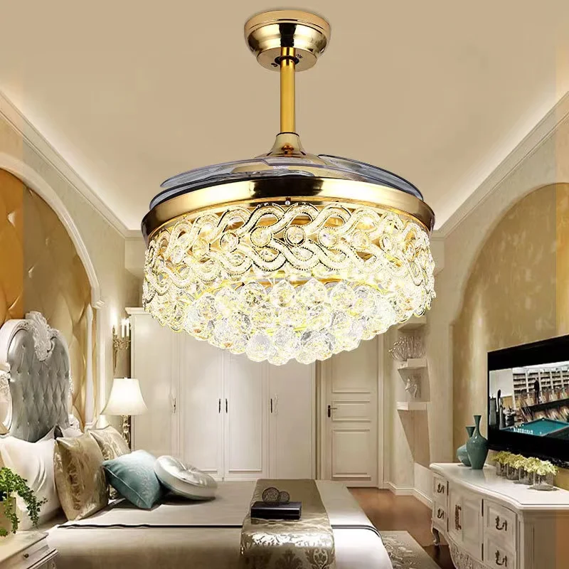 Dropship Guzhen Gold Color Luxury K9 Crystal Remote Control Invisible Ceiling Fan Lights Ceiling Fan With Light Fan Chandelier