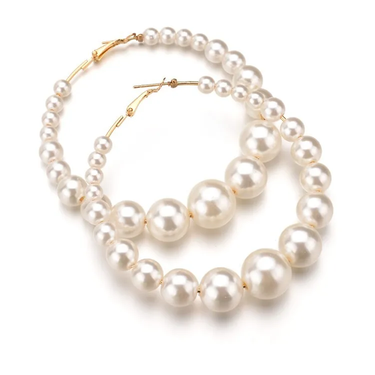  2021 New Design Wholesale Big Ring Geometric Earrings Faux Pearl Hoop