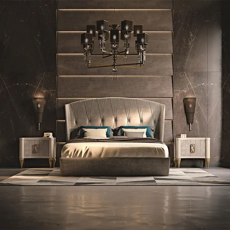 Soft modern upholstered bed in fabric interior design master bedroom furniture bed set with nightstand