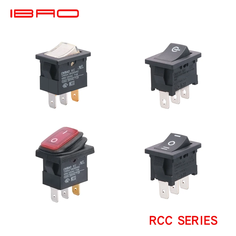 
IBAO Rocker Switch Waterproof IP65 Design RCC Black Housing with Light 16A 125/250VAC for Sharing Device 