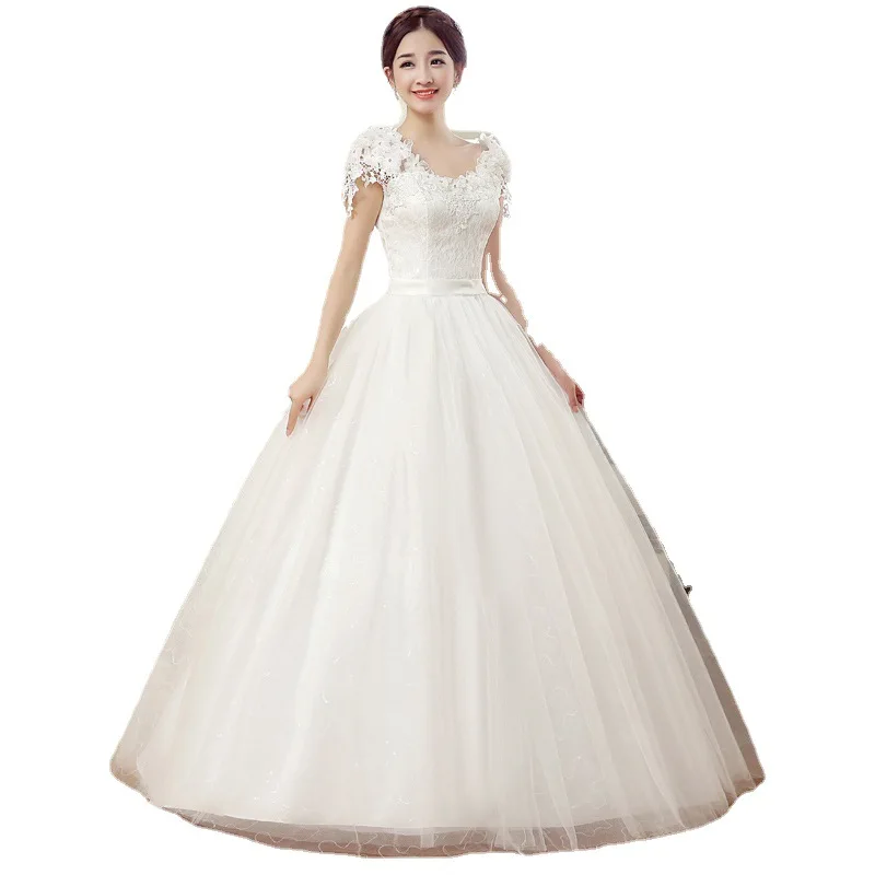 2022 spring new large size knot wedding dress slim and slim shoulders fat lace flower one-shoulder female