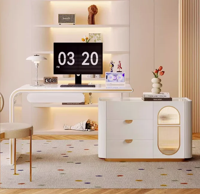 Light Luxury Corner Desk Bookshelf Dressing Table Two Person Long Office Household Foldable Extendable Cream Style Computer Desk