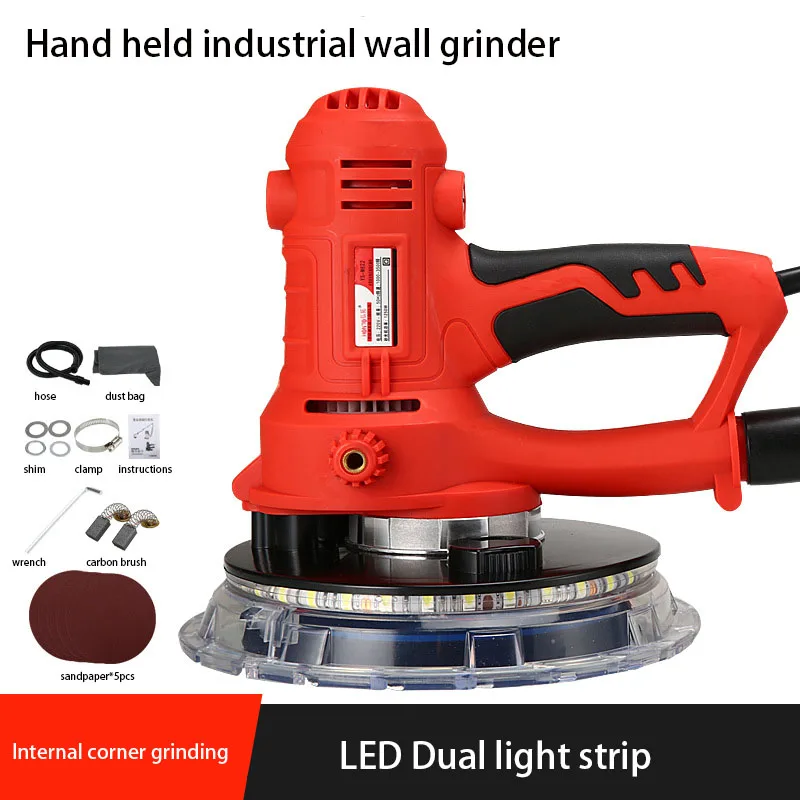 1250W Portable Dust-Free Wall Sander LED Strip Light DIY Variable Speed 180mm Electric Putty Grinder Sanders Tool Drywall