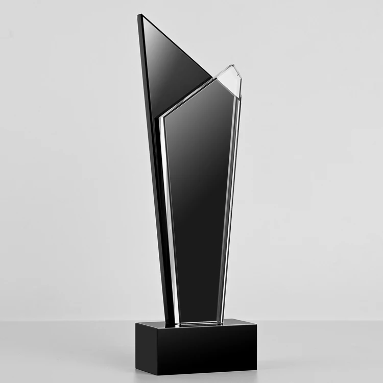 Free Design Customized Crystal Glass Cube Trophy Blue Base with Laser Printing Shield Shape Company Awards for Gift Purposes
