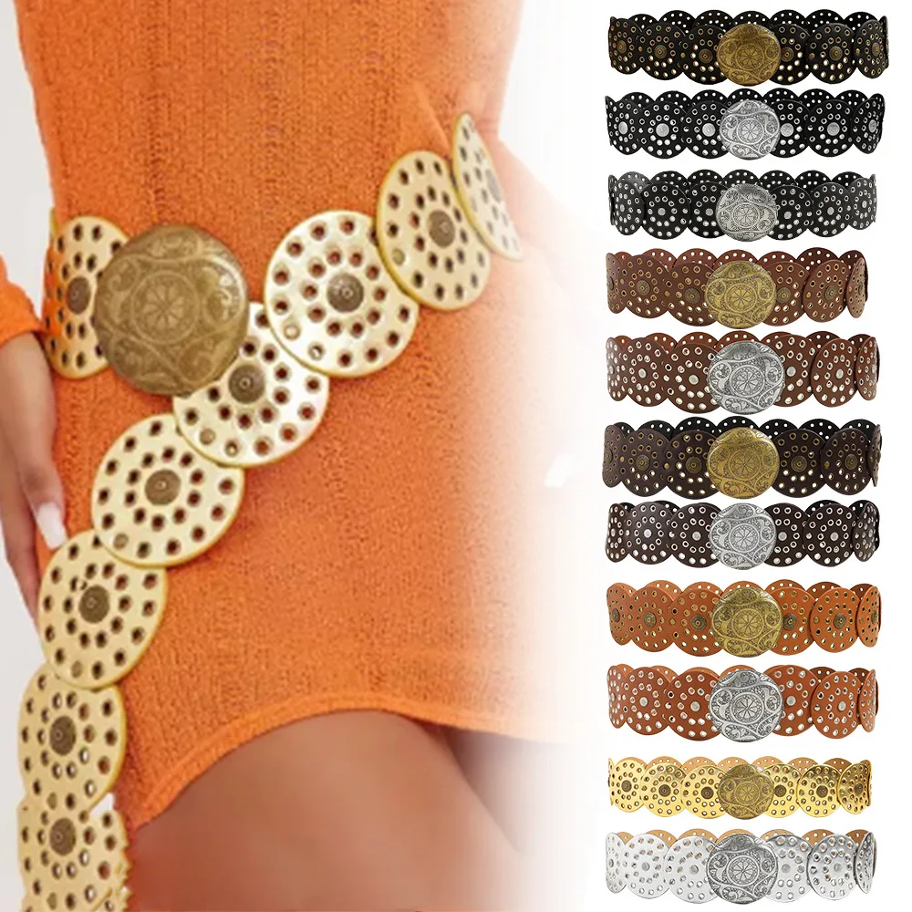 2023 New Retro Punk Big Round Rivet Hole Pu Leather Belt Disk Link Fashion Wide Ladies Wide Boho Disc Concho Leather Belt