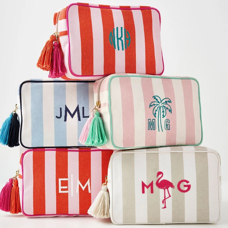 Cosmetic Bag Organizer Make Up Bags For Women Wedding Gift Canvas Stripe Travel Toiletry Bag