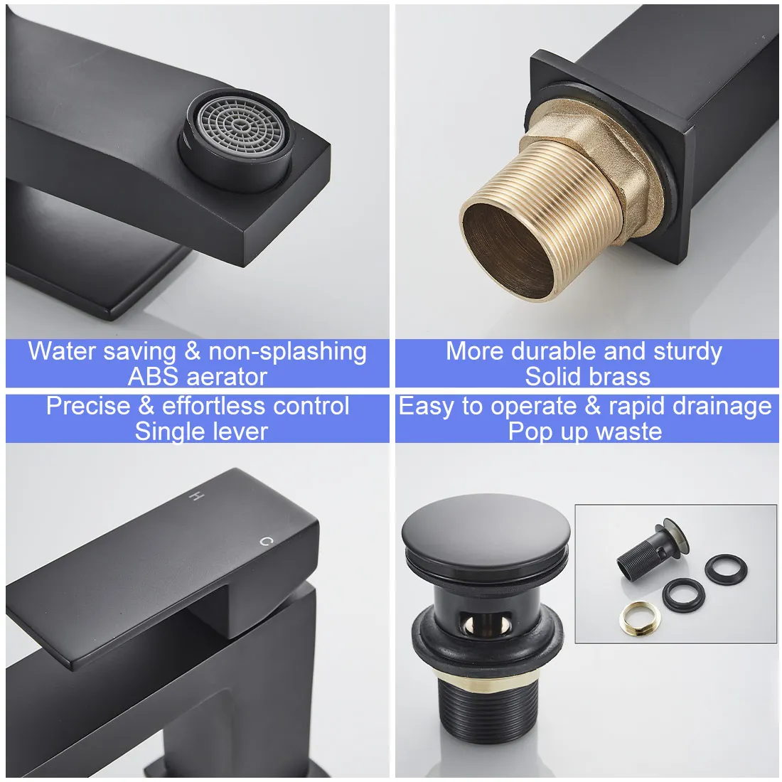 Matt Black Brass Single Handle Bathroom Faucets with Pop up Basin Waste Basin Faucet UK Basin Taps