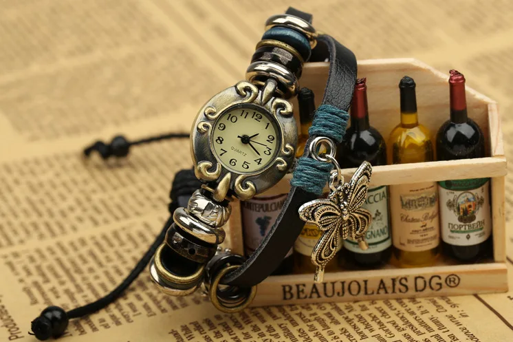 2022 Vintage Fashion Braided Leather Ladies Watches With Bracelets Butterfly Pendant Wrist Watches for Girls