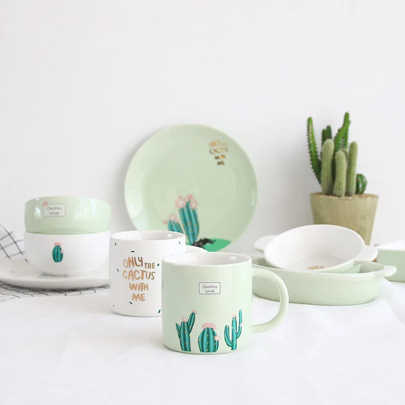 
Creative tableware set simple bone porcelain bowl painted gold plate household cactus baking pan ceramic cup 