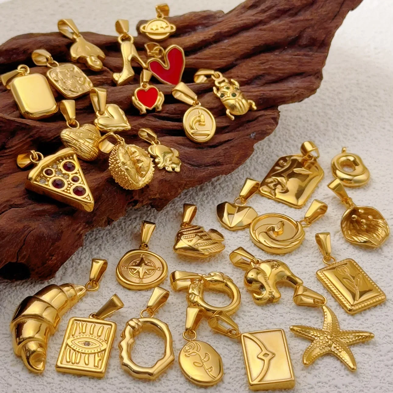 18k Gold Croissant Pizza Charms Beetle Pendant Waterproof Stainless Steel Diy Jewelry Accessories For Necklace Bracelet Gift