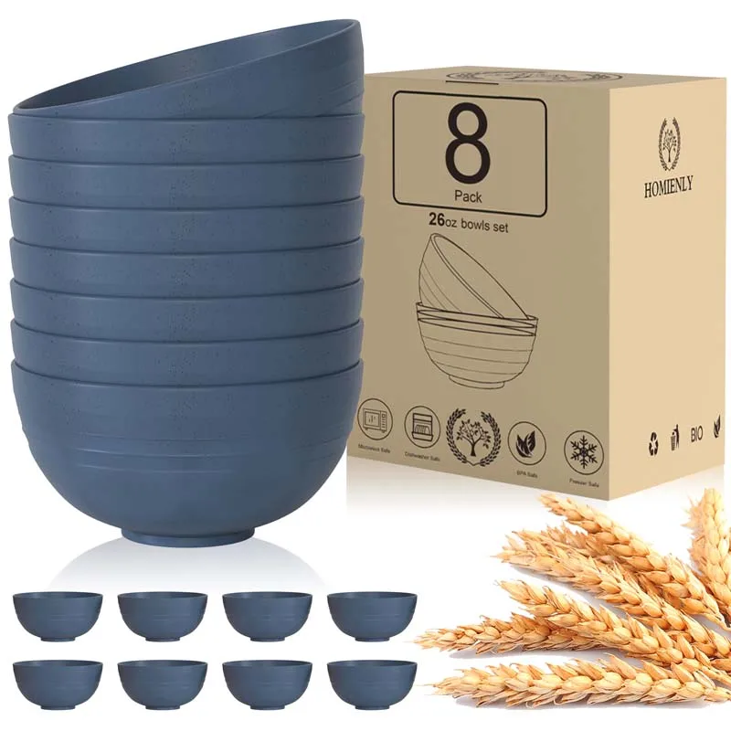 Eco Friendly Biodegradable 8 Pcs Cereal Bowls Unbreakable Wheat Straw Dinnerware Bowl Set Noodle Salad Rice Soup Bowls
