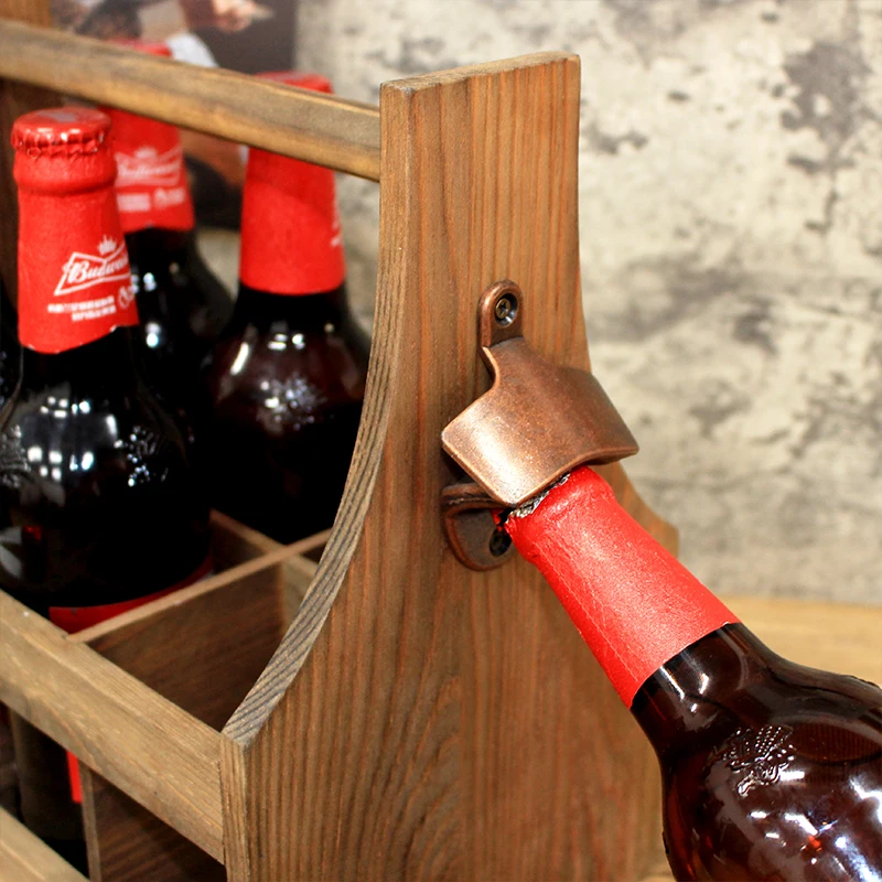 Pan party use Handmade Rustic beer basket with opener Wooden 6 pack beer bottle holder / caddy wine beer carrier