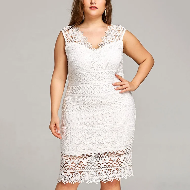 Fashion White V-neck Fat Women Lace Dress Plus Size Hollow Out Sleeveless Knee-length Ladies Pencil Dresses