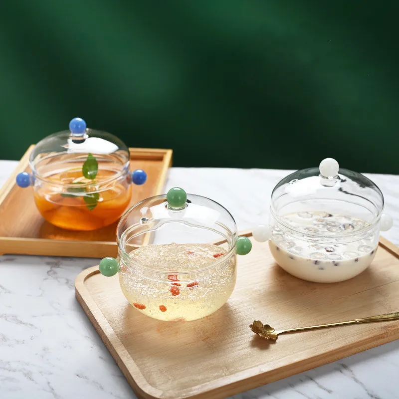 Solhui Cute transparent mini glass stew pot soup bowls with lid and colored handle 500ml