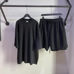 2022 Fashion heavy knitting waffle 260gsm plain tee shirts and half pants breathable thermal sweat shorts set men