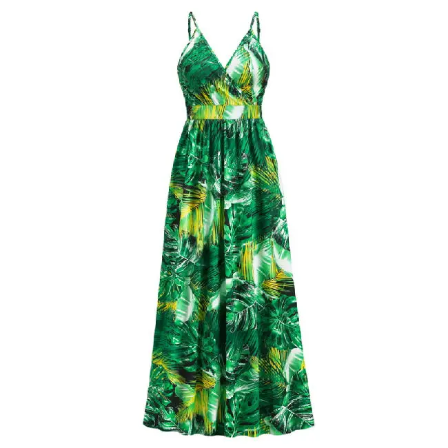 Custom Summer Bohemian Women Casual Breathable Floral Print Spaghetti Strap Maxi Dress