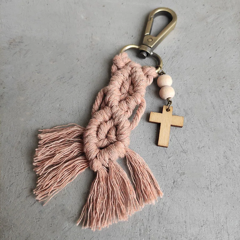 Hot Sale Boho Handmade Woven Cotton Tassel Macrame Keychain Wooden Beads Cross Cactus Texas Map Shape Pendant Keychain