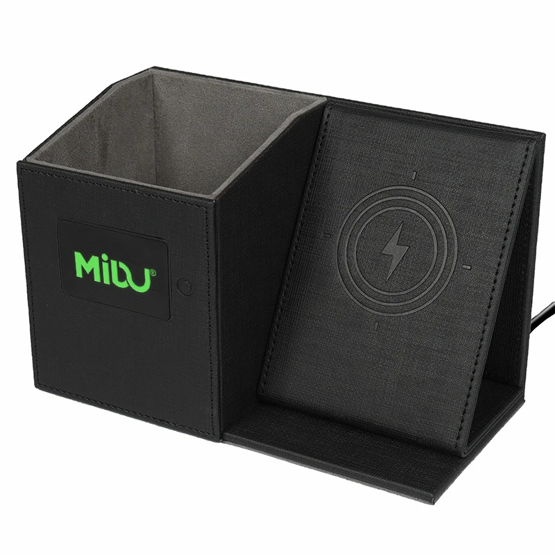 10 W  PU Leather Desk Organizer with charger  Wireless Chargeing station  Pen Holder with  customized LED color   logo