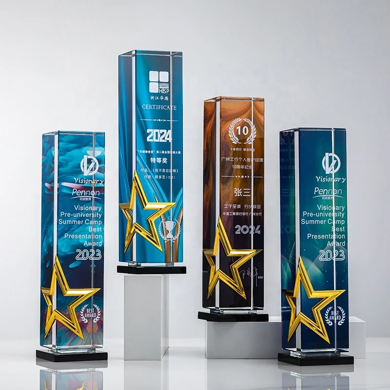BM Factory wholesale custom new design square pillar crystal trophy awards with metal star