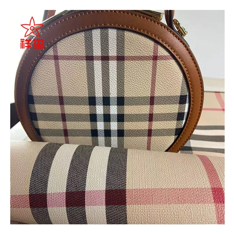Print Leather Check Design PVC Synthetic Leather Woven Backing for Bag and Cosmetic Case