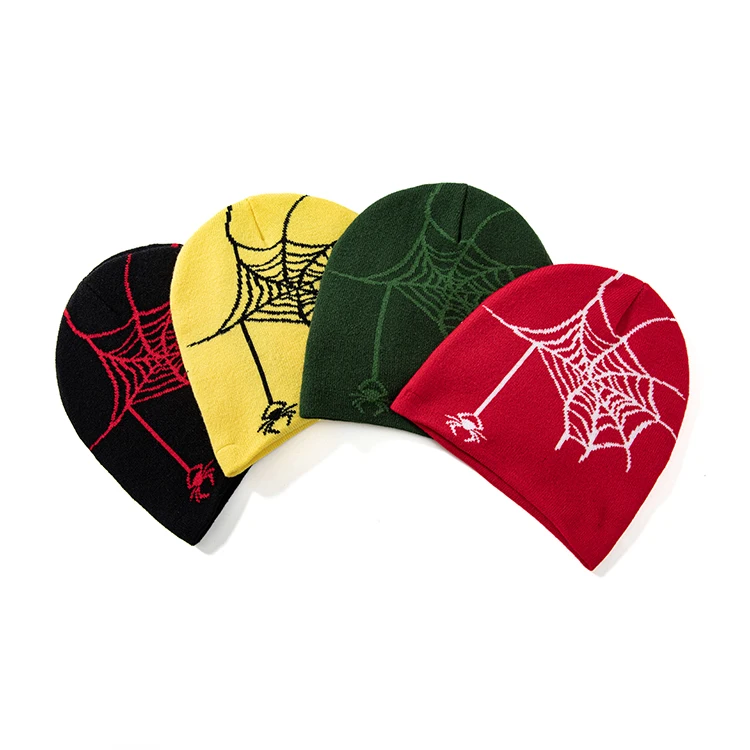 Thick Slouchy Knitted Beanies Y2k Acrylic Beanie Hat With Jacquard Spider Logo