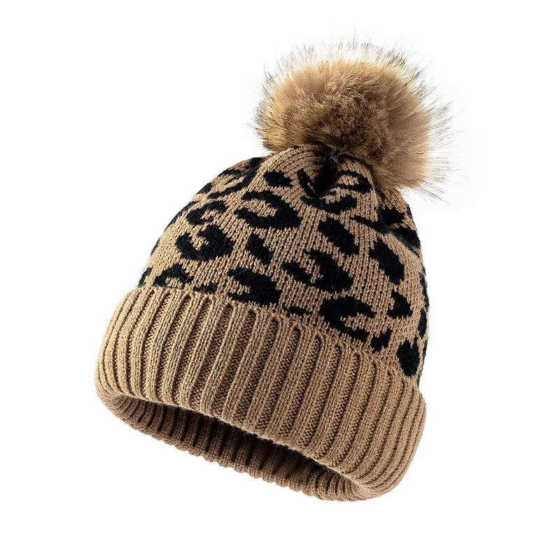 Wholesale New Trend Accessories Fur Ball Leopard Cheetah Pom Pom Beanie Printed Knitted Cap Warm Winter Hat for Women Lady Girl