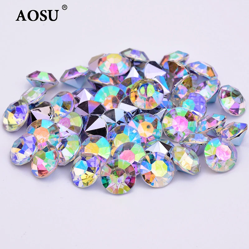 AOSU Fashion 1.5mm-12mm Round Diamond Strass Non Hotfix Crystal AB Stone Acrylic Pointback Rhinestones For Dress