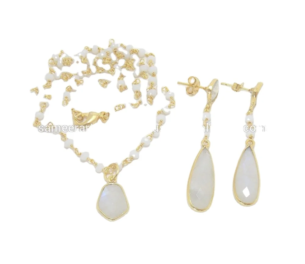 Beautiful Rainbow Moonstone Gemstone Jewelry Beaded Rosary Bezel Necklace Set