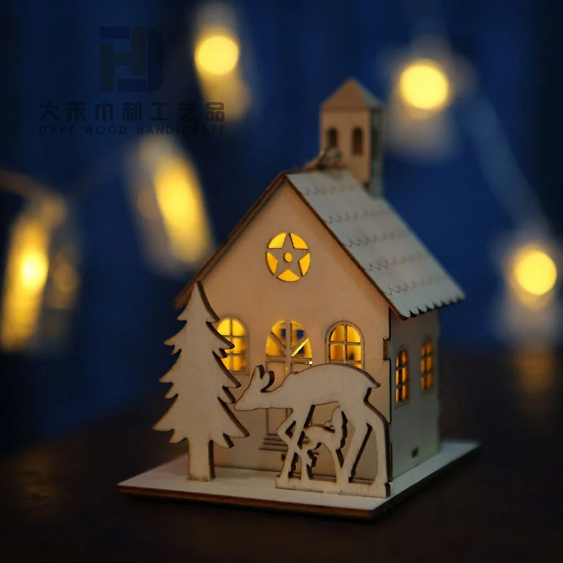 Christmas Atmosphere Laser Engraved Unfinished Wooden Miniature Houses with LED Light for DIY Crafts Xmas Decoration
