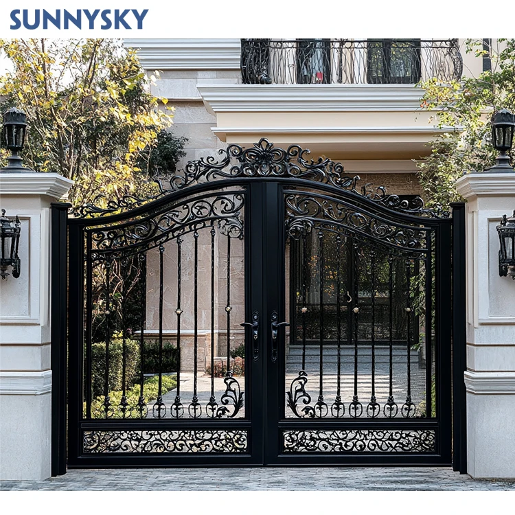 Sunnysky автоматический Дом Роскошный стальной забор ворота дизайн металла кованого железа двойные распашные подъездные