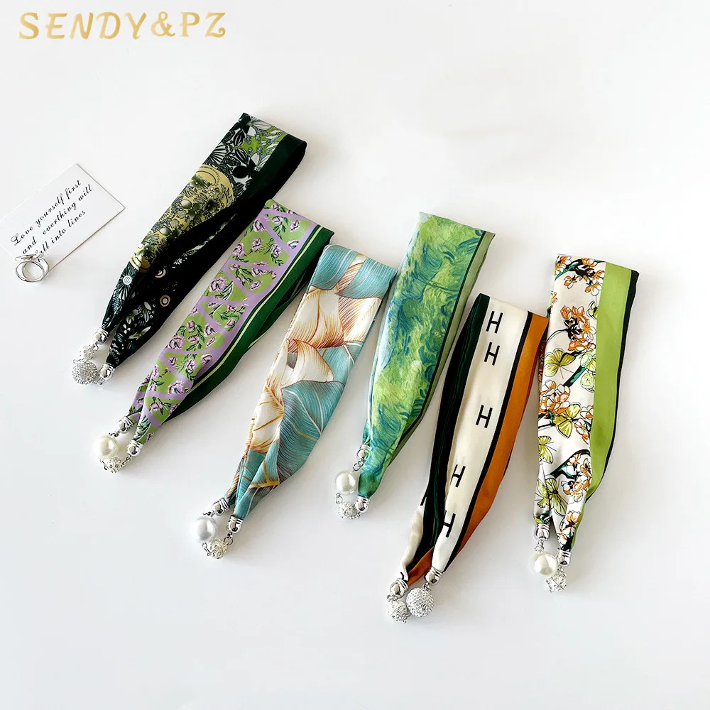 Spring Pearls Magnetic Beads Satin Silk Scarf Women Letter Floral Printed Fashion Headscarf Wholesale