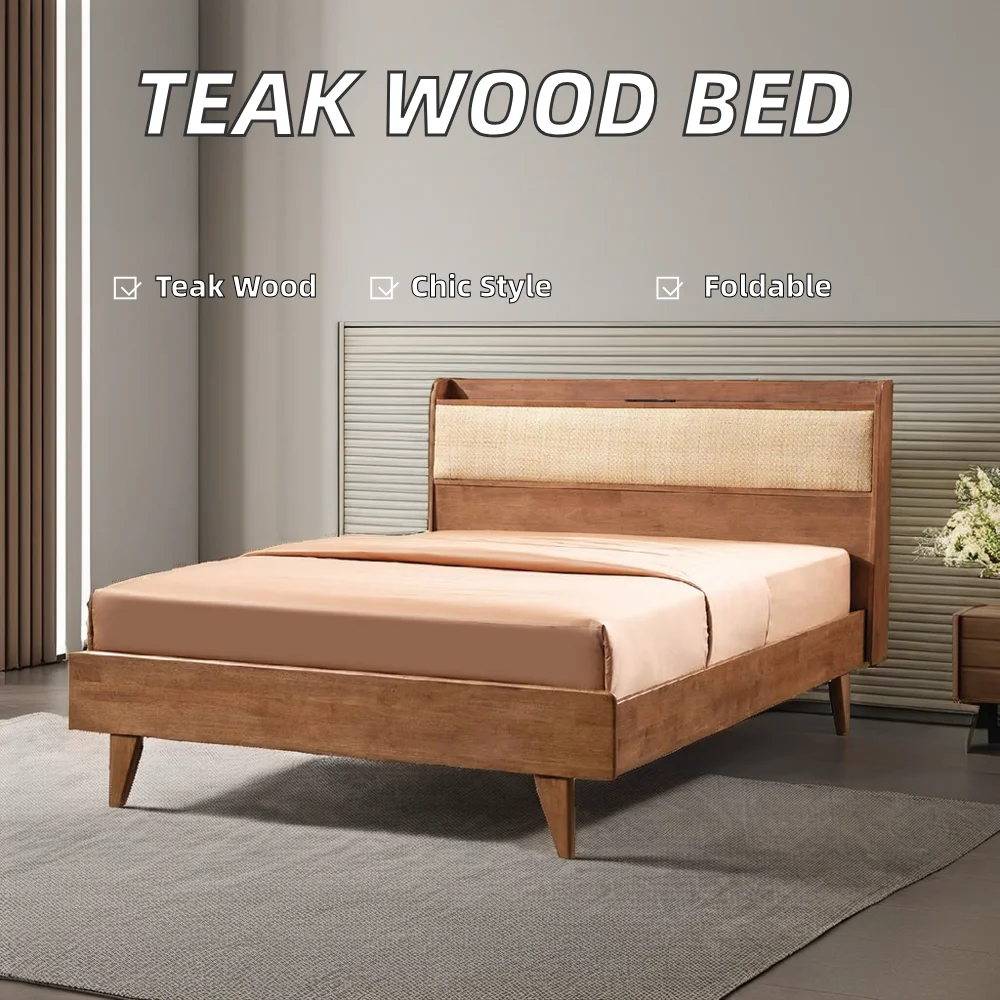 Rattan woven solid wood bed Frame Cheap Indoor Bedroom Furniture King Queen Double Soft Bunk Bed Natural Finish Color