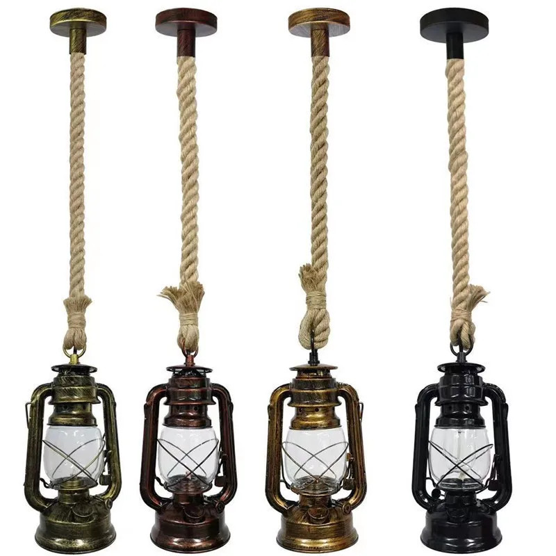 Kerosene Ceiling Light Fixture With Glass Shade Hemp Rope Vintage Pendant Lantern for Kitchen Island Farmhouse Loft Porch